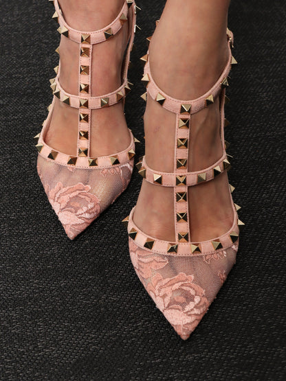 Rockstud suede and lace pumps thumbnail