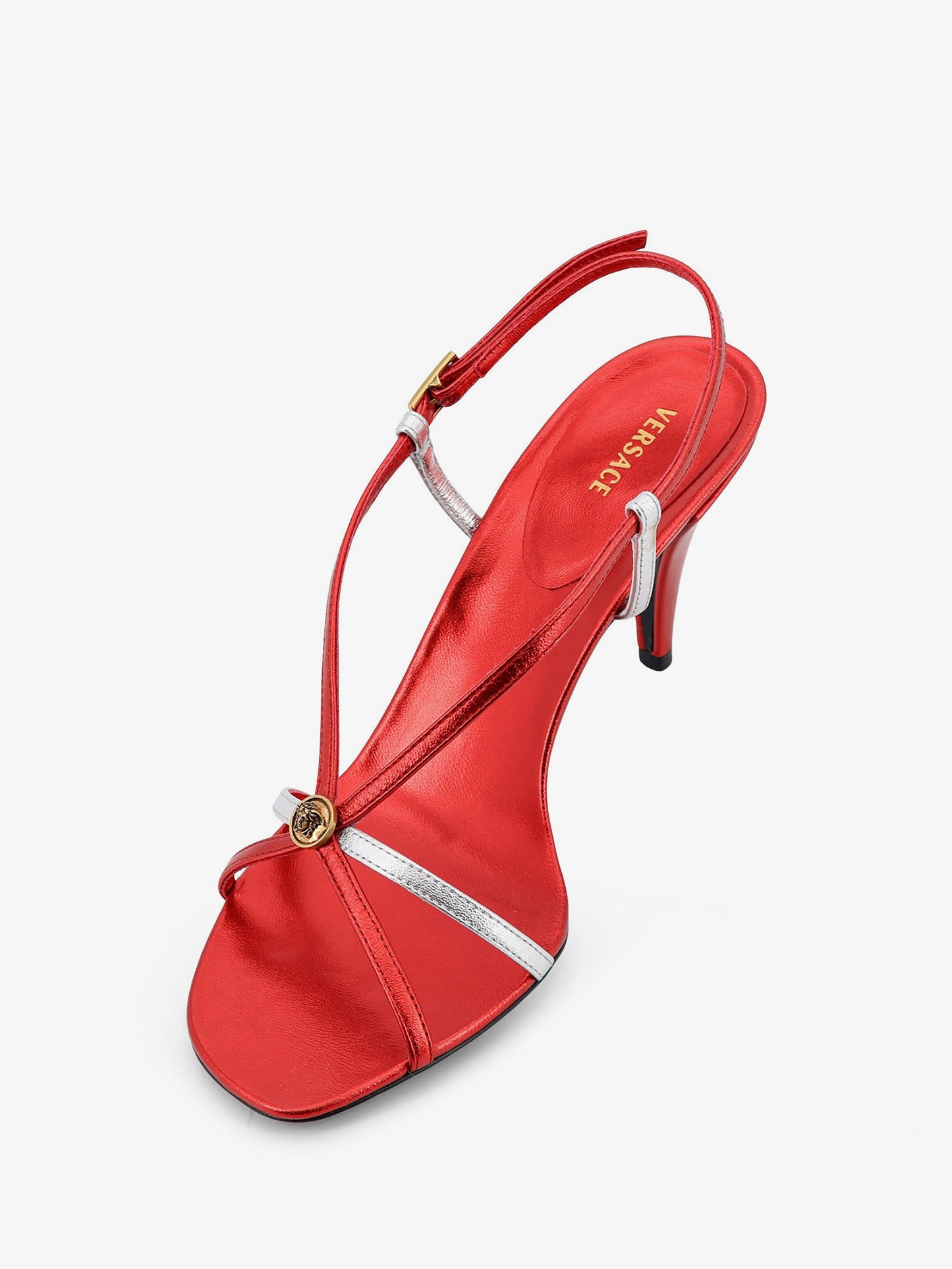 Metallic leather sandals with Medusa logo on the front