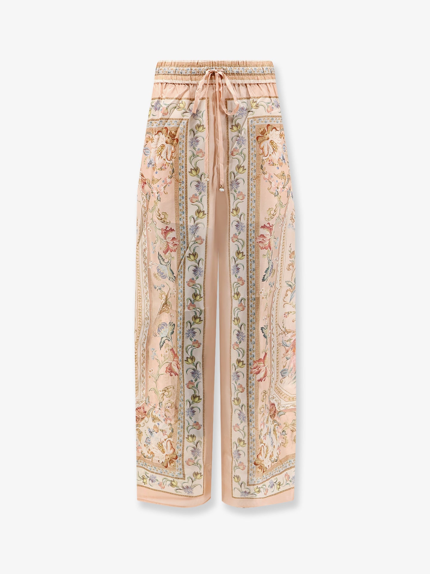 Roselight Silk Trousers with Pink Tapestry Floral Print
