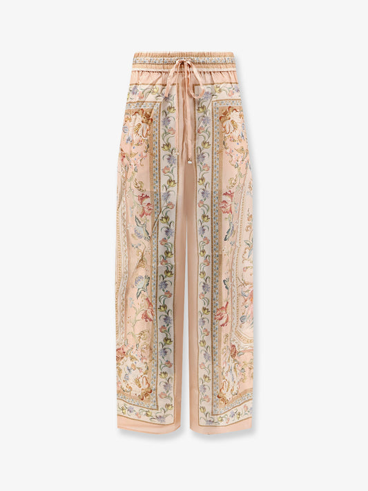 Roselight Silk Trousers with Pink Tapestry Floral Print