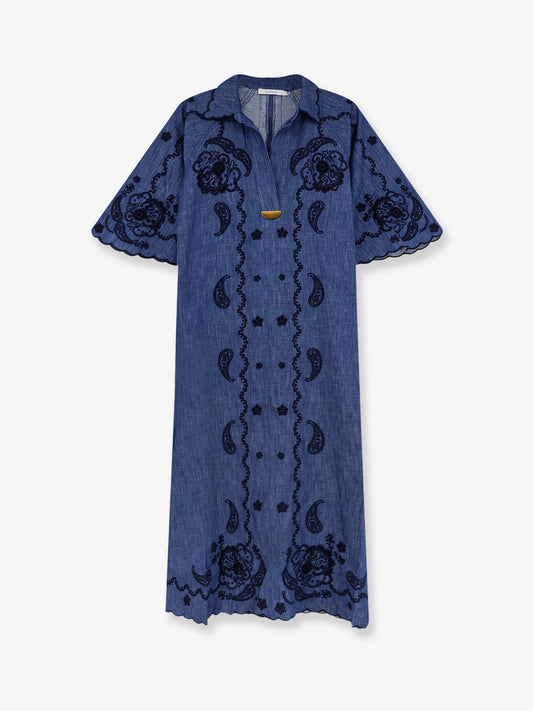 Aster long denim dress with contrasting embroidery