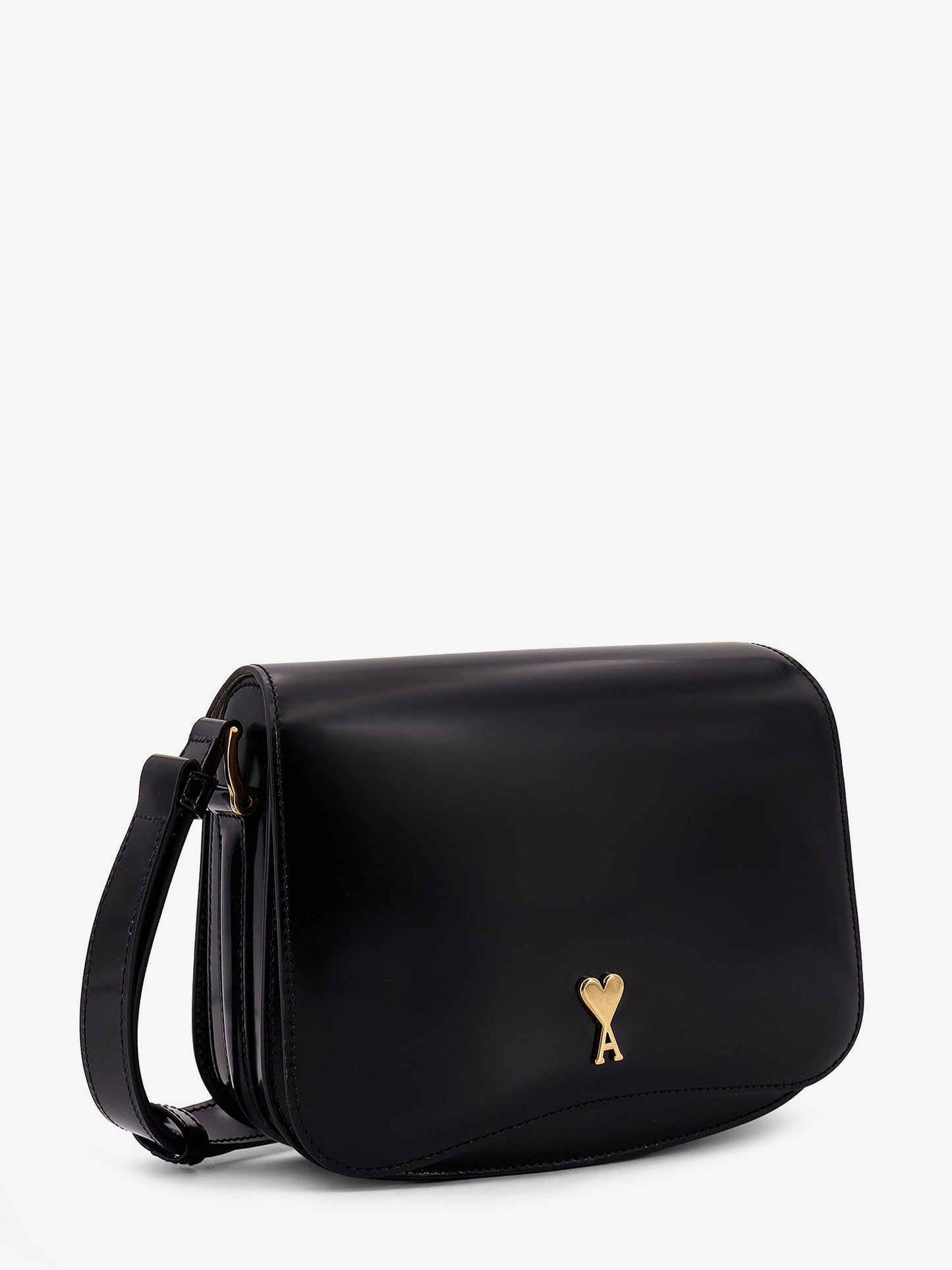 Leather shoulder bag with metal logo on the front
