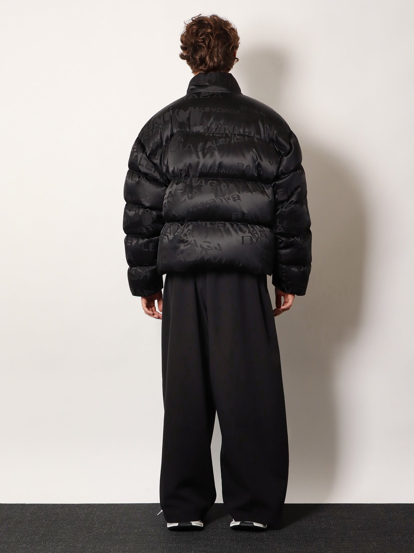 Nylon down jacket with all-over lettering logo