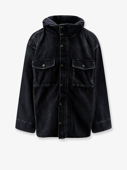 Black denim jacket with embroidered logo on the front thumbnail