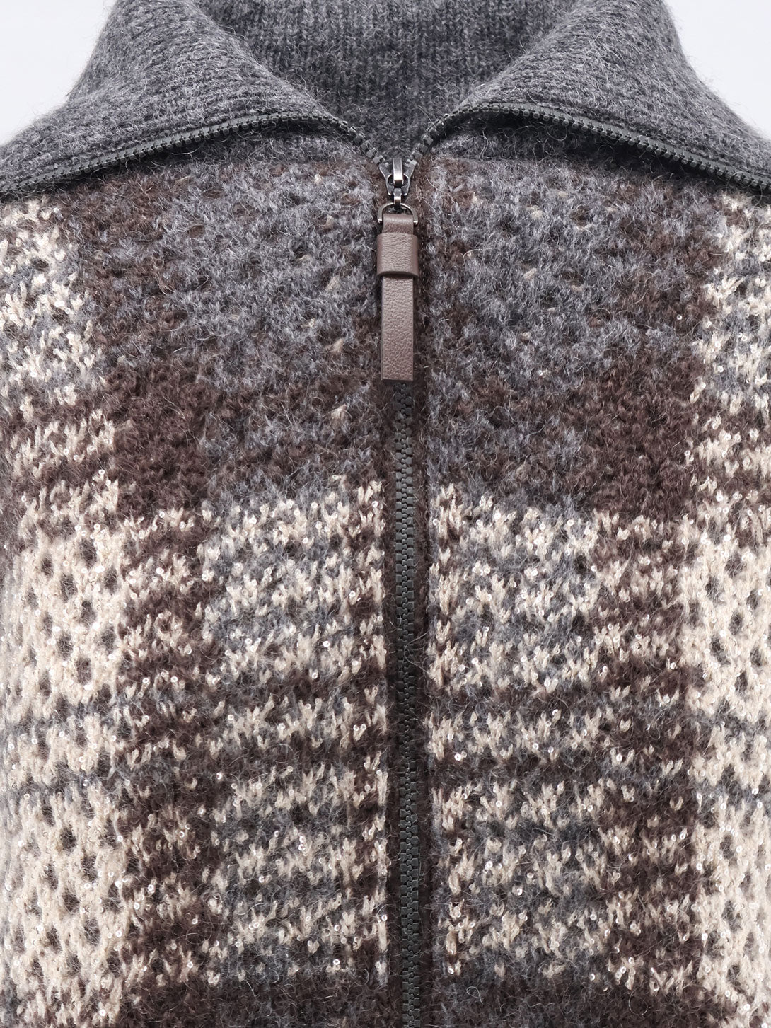Cardigan with intarsia and micro-sequin embroidery