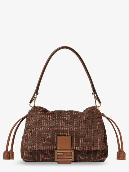 Mamma Baguette Medium Raffia Handbag with FF Embroidery thumbnail