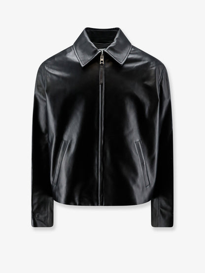 Leather jacket with back logo patch thumbnail