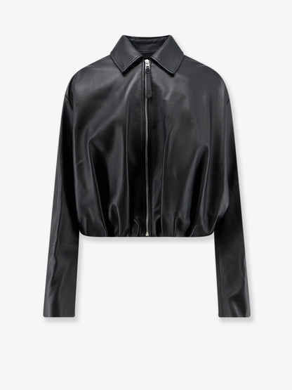 Cropped leather jacket with back logo patch thumbnail