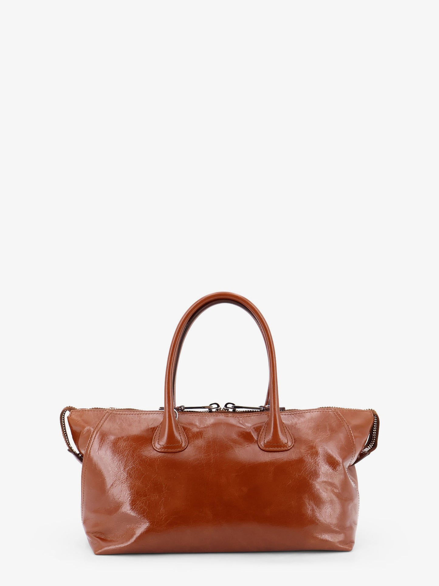 Shiny leather handbag with front lettering logo