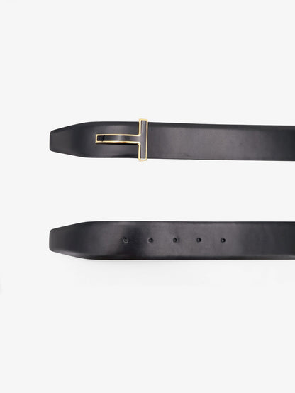 Leather belt with metal logo buckle thumbnail
