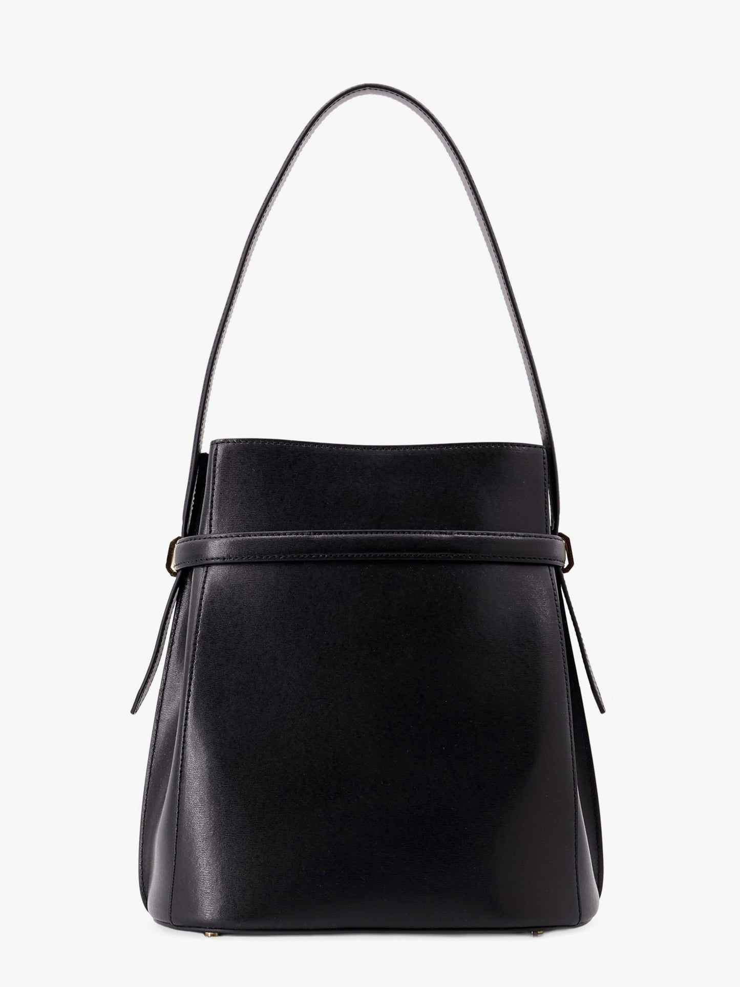 Belted leather bucket bag
