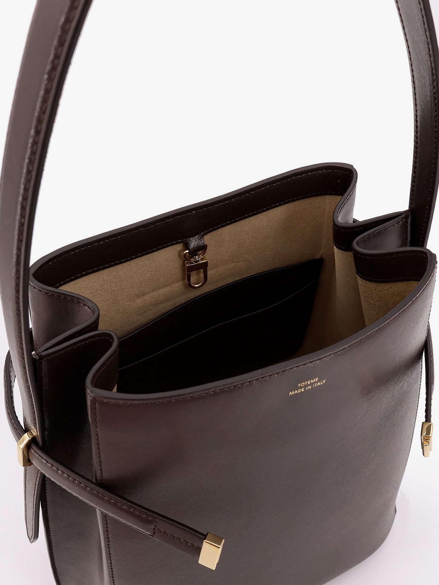Belted leather bucket bag